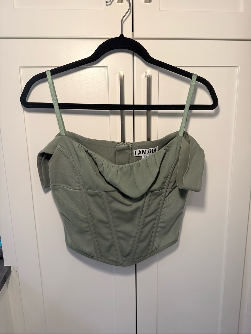 I.AM.GIA Sage Green Off-Shoulder Corset Crop Top